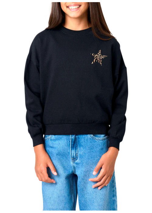 Sweat manches longues noir uni avec un imprimé animalier et une coupe droite