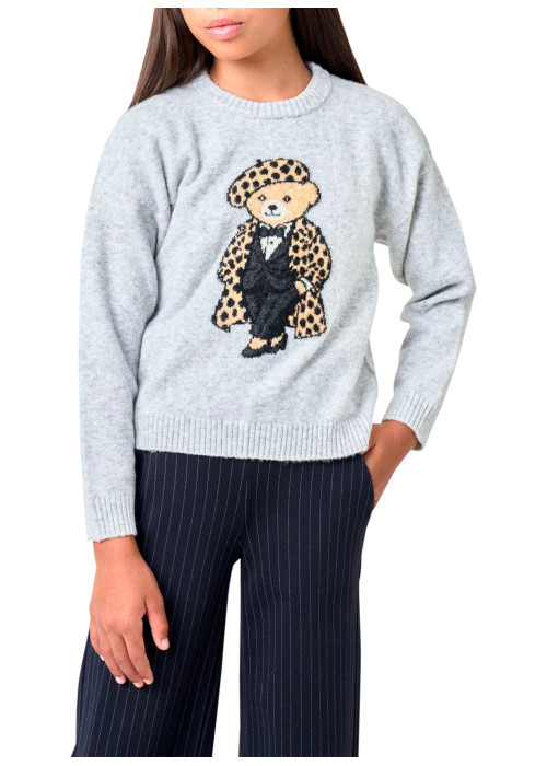 Pull gris clair en maille fine avec un ours...