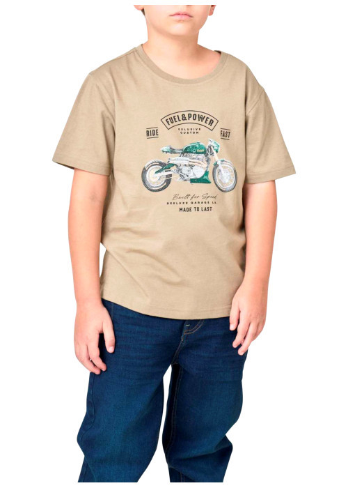 T-shirt en coton beige avec une moto imprimée et une coupe droite