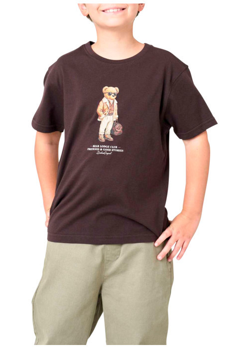T-shirt en coton marron avec un ours imprimé et...