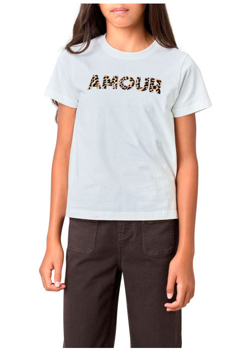 T-shirt manches courtes en coton blanc à imprimé léopard avec un col rond