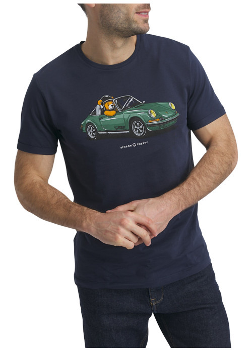 T-shirt en coton bleu nuit imprimé voiture décapotable doté d'un col rond