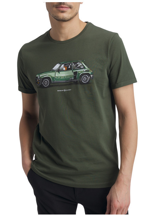 T-shirt en coton kaki imprimé voiture R5 avec une coupe droite et un col rond