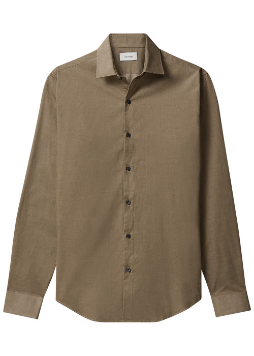 Chemise en coton camel unie à coupe slim dotée d'un col à revers
