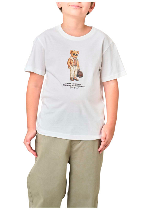 T-shirt en coton écru avec un ours imprimé et...