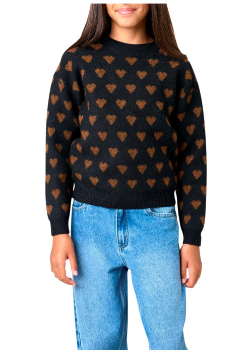 Pull manches longues noir avec des cœurs camel...