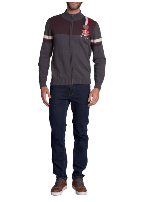 Gilet gris uni avec une coupe droite à col montant et une fermeture zippée