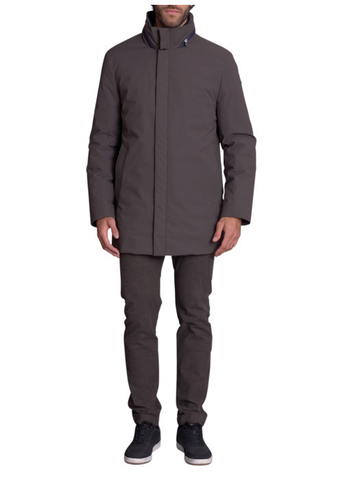 Parka gris uni avec une coupe droite et une fermeture zippée