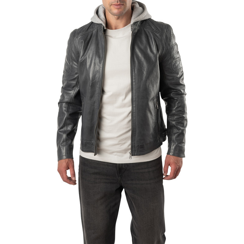 Mauritius - Blouson En Cuir De Mouton Bleu Denim à Coupe Droite Muni D'une Capuche - Bleu