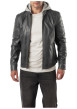 Thumbnail Blouson en cuir de mouton bleu denim à coupe droite muni d'une capuche