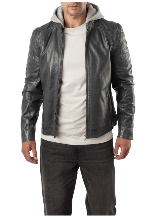 Blouson en cuir de mouton bleu denim à coupe...