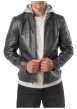 Thumbnail Blouson en cuir de mouton bleu denim à coupe droite muni d'une capuche - Image 3