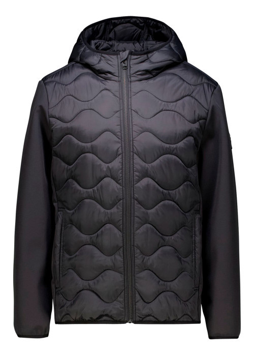 Blouson noir matelassé à coupe ajustée pourvu d'un col à capuche
