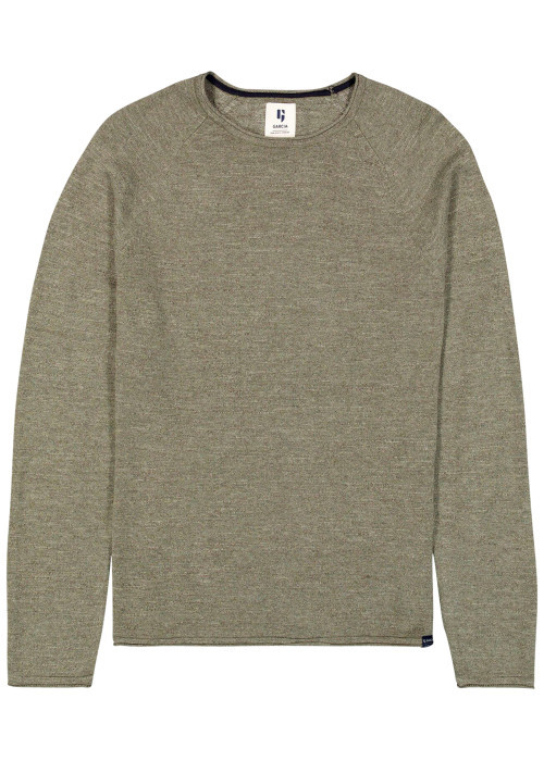 Pull en coton mélangé kaki à coupe droite pourvu d'un col rond