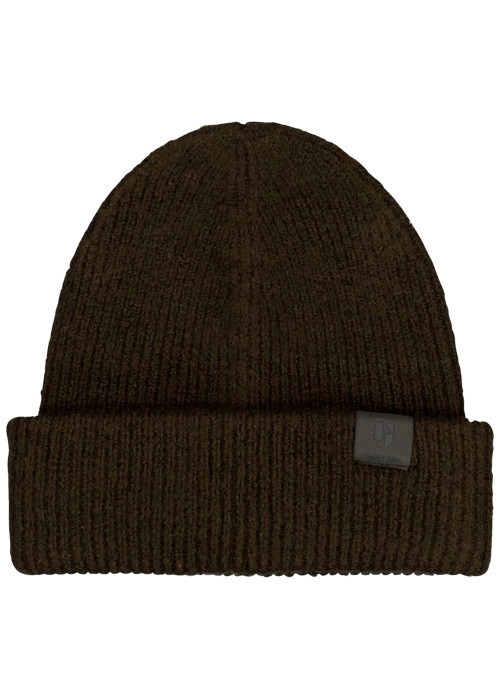 Bonnet kaki en maille tricotée pourvu de l'étiquette de la marque