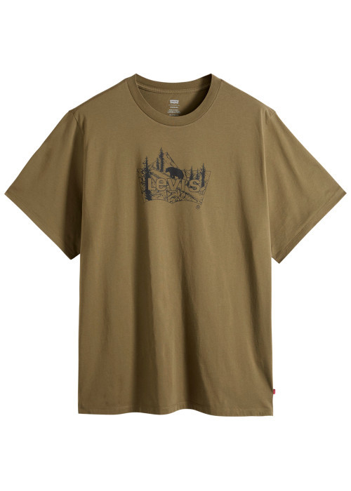 T-shirt en coton kaki imprimé à coupe droite pourvu d'un col rond