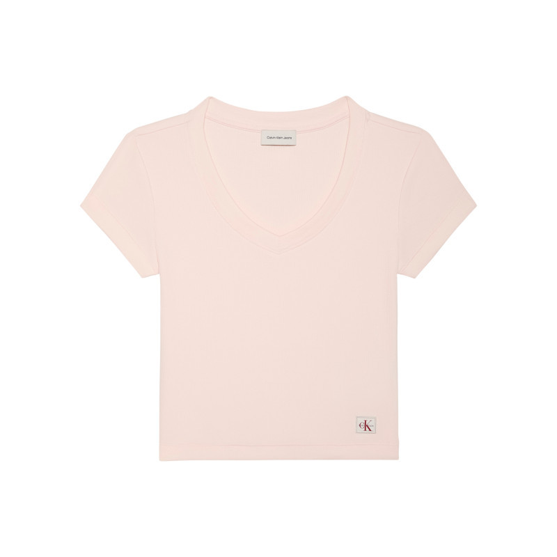 Calvin Klein Jeans - Top Court Rose Poudré En Bord-côte De Coton à Col V Avec Une Coupe Droite - Rose