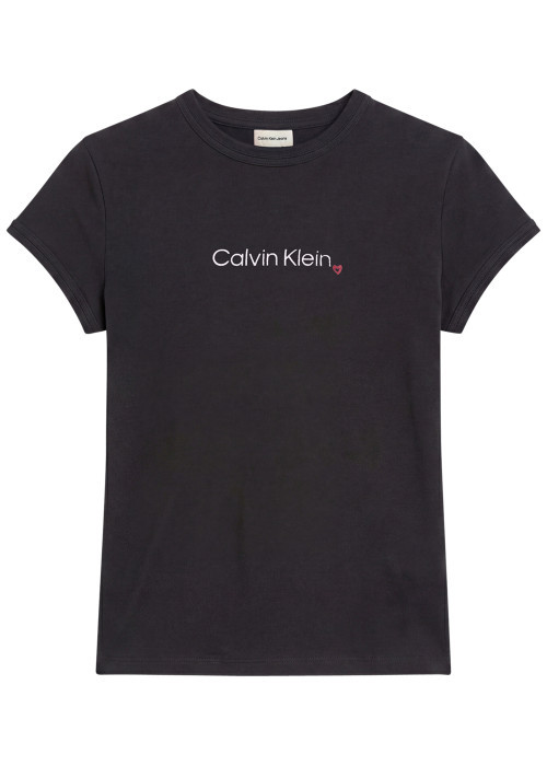 T-shirt noir en coton à col rond ras-de-cou doté d'une coupe droite