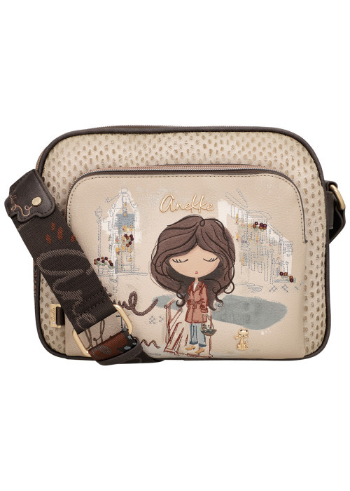 Sac à bandoulière marron et beige pourvu d'une large bandoulière réglable