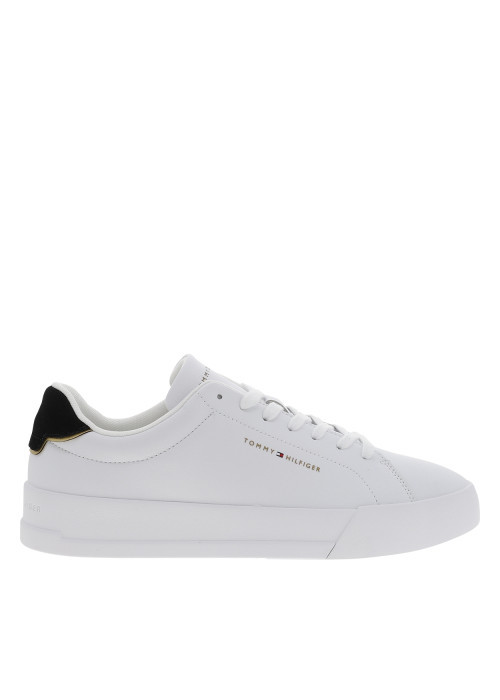 Tennis Th Court en cuir blanc à talon plat agrémentée du logo doré
