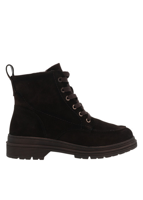 Bottines en cuir chocolat à talon décroché bas pourvues de lacets et d'un zip