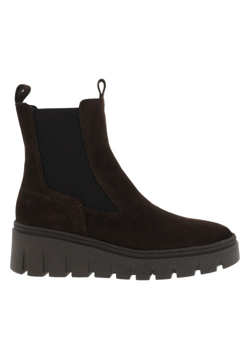 Boots en cuir chocolat avec un talon compensé et des soufflets élastiqués