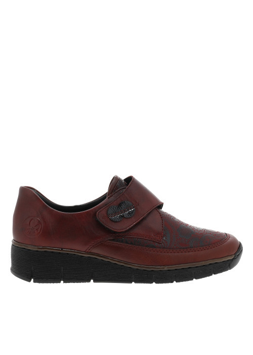 Mocassins en cuir bordeaux à semelle semi-compensé et talon plat avec fleurs noires imprimées