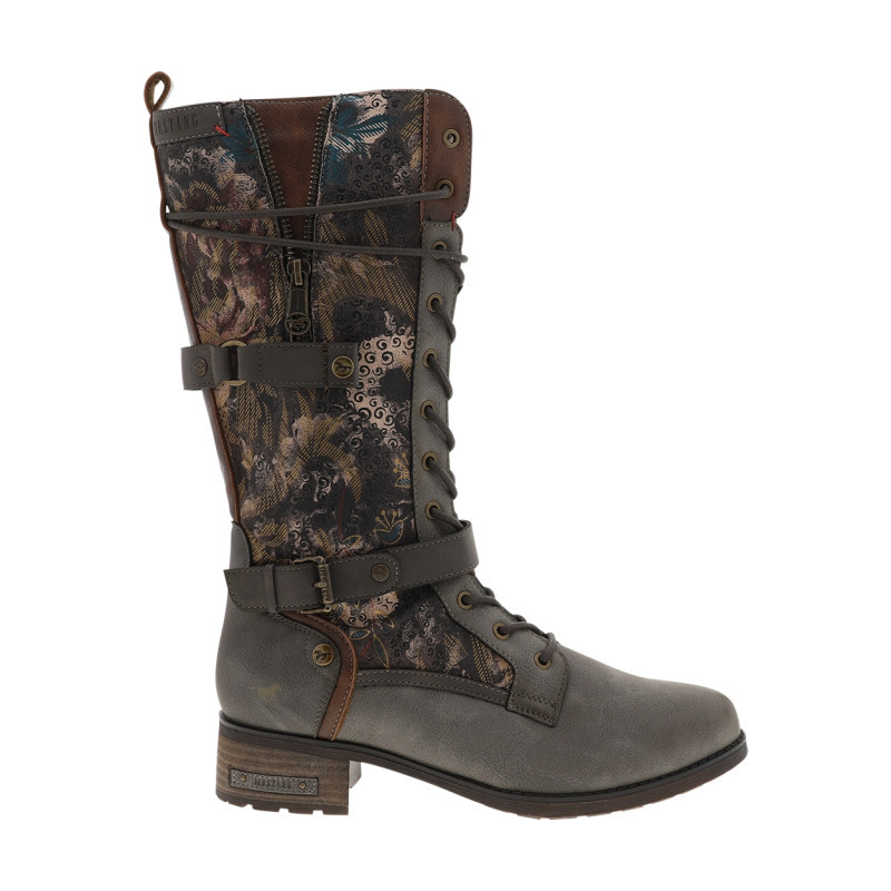 Mustang - Bottes Taupe Ornées De Motifs Fleuris Sur La Tige Avec Un Talon Décroché Bas - Beige