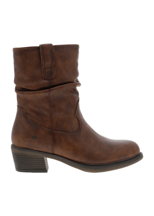 Boots brun à talon décroché bas dotée d'un zip latéral et du logo imprimé