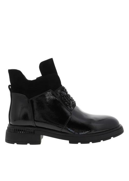 Boots en cuir noir vernies à talon décroché bas...