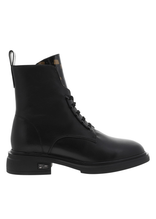 Bottines en cuir noir à talon décroché bas dotées de lacets élastiqués