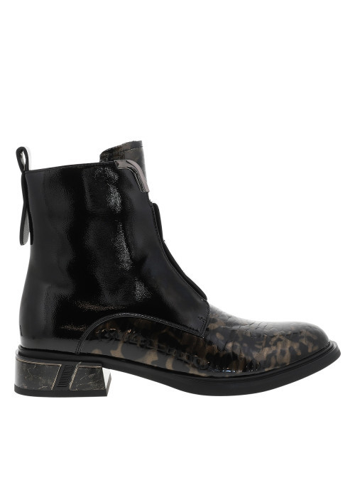 Boots en cuir noir vernies à talon décroché bas et à zip latéral
