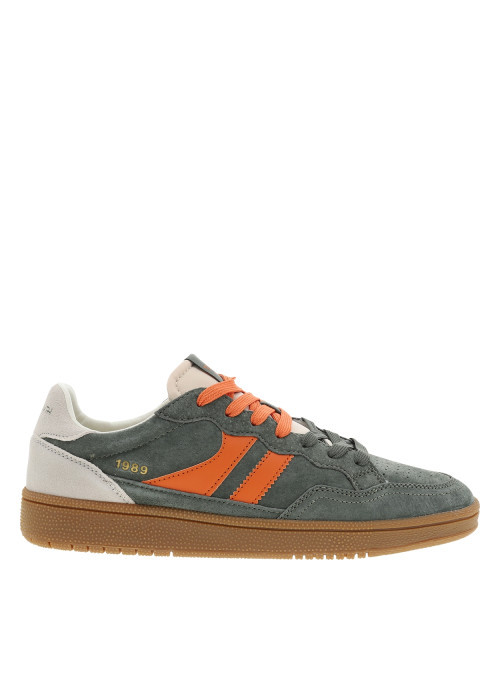 Tennis en cuir kaki à talon plat pourvues de lacets bicolores