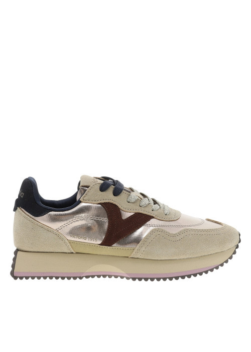 Baskets running bi-matière en cuir suédé beige et toile dorée brillante