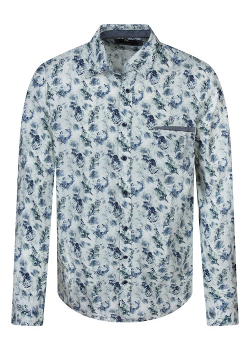 Chemise en coton bleue à motifs floraux dotée d'une coupe droite