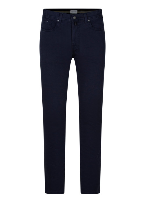 Pantalon 5 poches en coton mélangé bleu denim uni muni d'une coupe droite