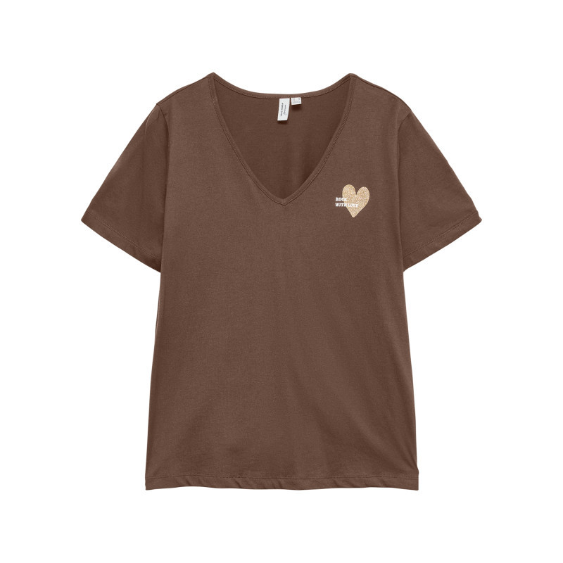 Vero Moda - T-shirt En Coton Biologique Marron à Coupe Droite Pourvu D'un Col V - Marron Vero Moda - T-shirt En Coton Biologique Marron à Coupe Droite Pourvu D'un Col V - Marron