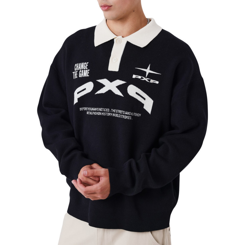 Project X - Pull En Maille De Coton Mélangé Noir Contrasté Avec Un Col De Polo Blanc - Noir Project X - Pull En Maille De Coton Mélangé Noir Contrasté Avec Un Col De Polo Blanc - Noir