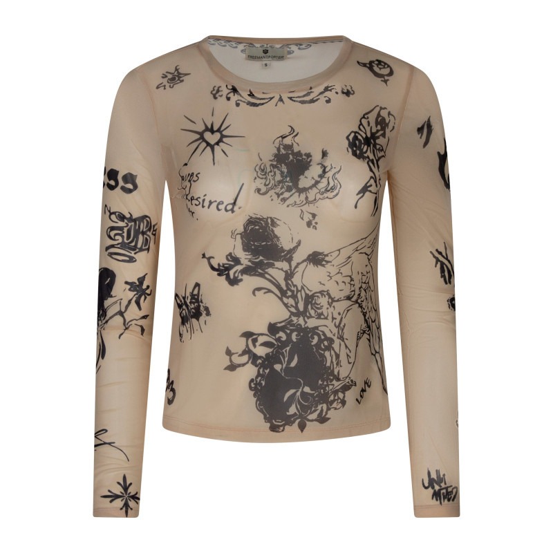 Freeman - Top Beige Imprimé Coupe Moulante Pourvu D'un Col Rond Et De Manches Longues - Beige