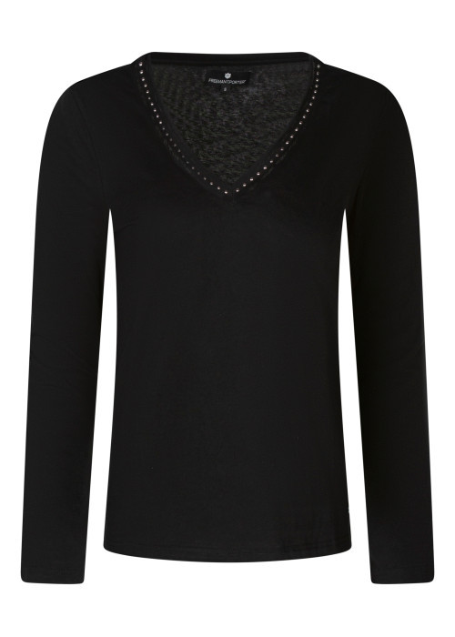 T-shirt noir à coupe droite pourvu d'un col v et de manches longues