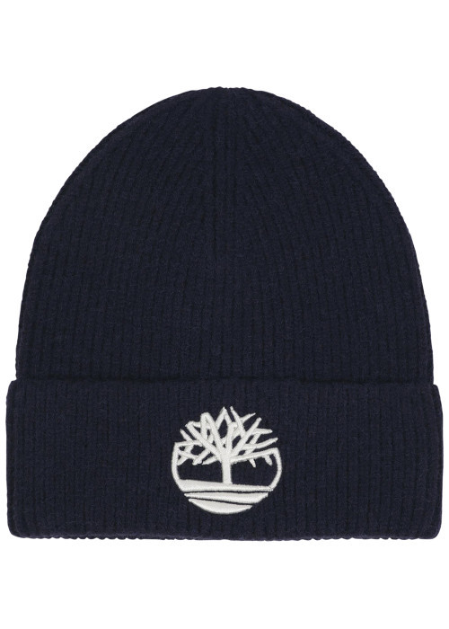 Bonnet en tricot côtelé bleu nuit avec un revers orné du logo brodé