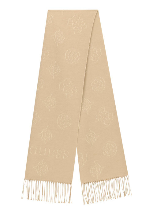 Écharpe rectangulaire beige avec des motifs monogrammes et des bords à franges