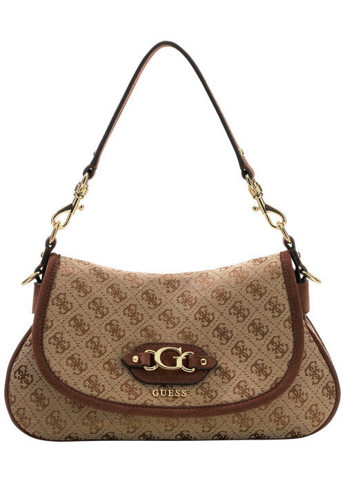 Sac à main porté épaule beige orné d'un monogramme logotypé et le logo doré