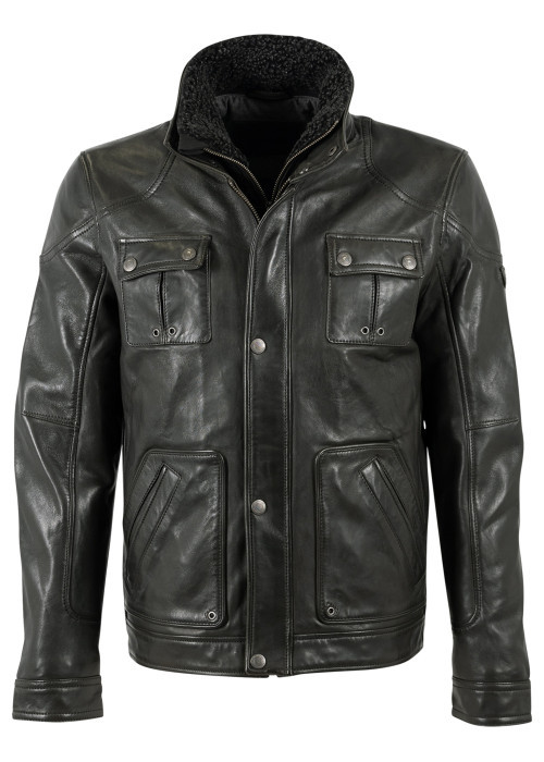 Blouson en cuir de mouton vert foncé à coupe...