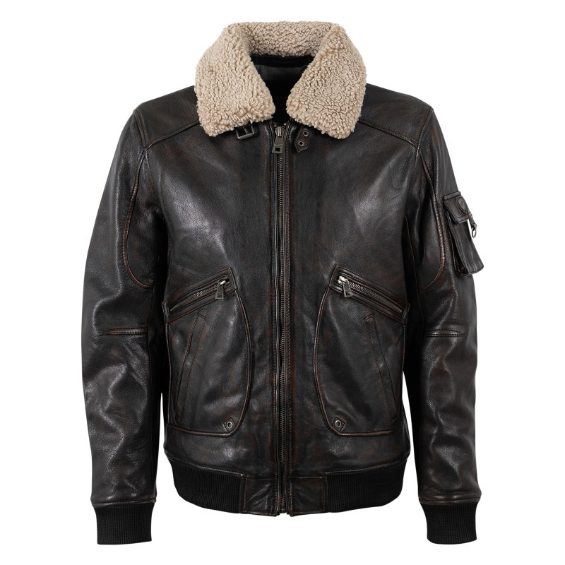 Mauritius - Blouson En Cuir De Mouton Marron à Coupe Droite Pourvu D'un Col à Revers - Marron