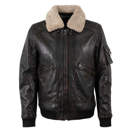 Blouson en cuir de mouton marron à coupe droite...