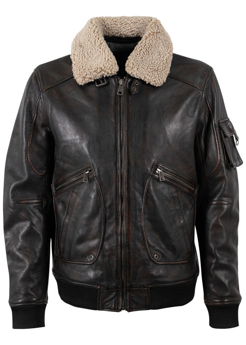 Blouson en cuir de mouton marron à coupe droite...