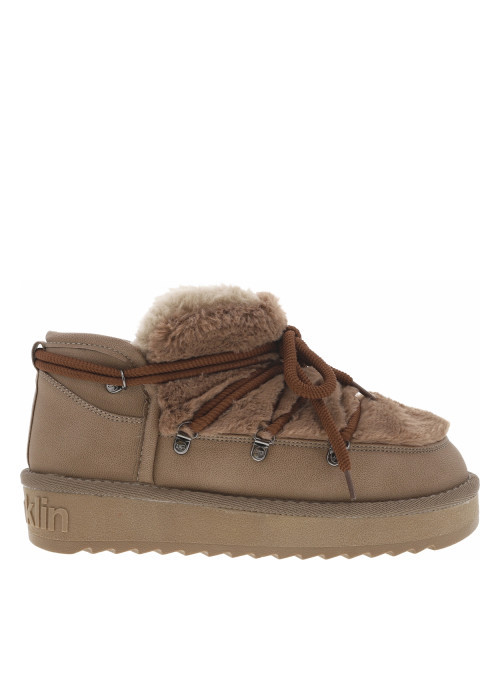 Boots taupe à talon compensé bas et à slip-on avec lacets ronds décoratifs
