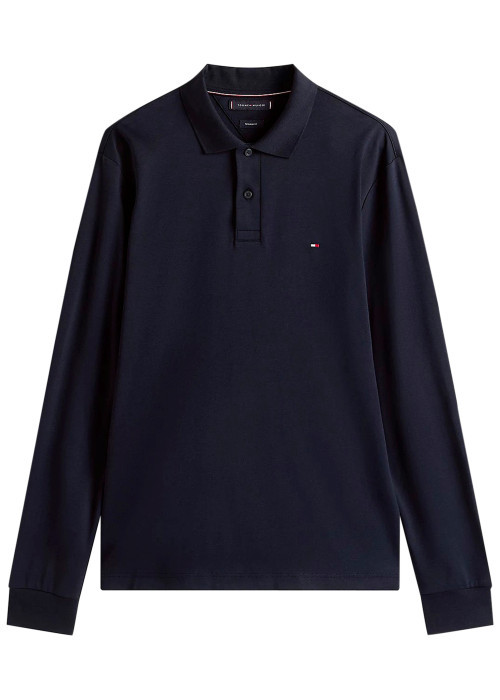Polo en coton marine uni avec une coupe droite et un col à rabats