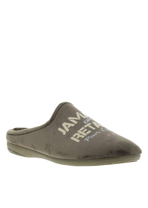 Mules kaki à talon plat avec des écritures...